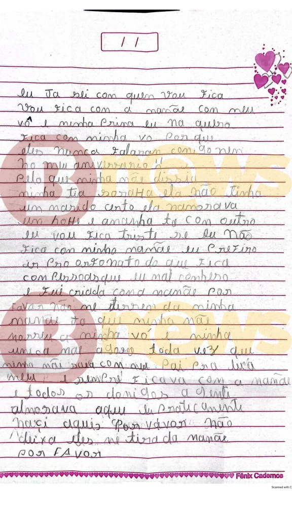 carta feita pela filha de sara mariano e ederlan mariano