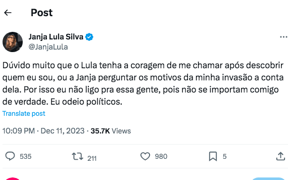 postagem feita pelo hacker da conta da Janja