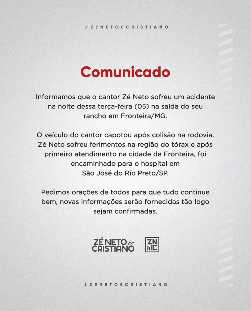 comunicado zé neto sobre acidente
